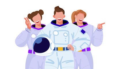 Three characters in astronaut costumes - two cheerful girls and guy pose with space helmets in their hands. Vector illustration on topic of cosmonautics, interplanetary flights, exploration of The Uni