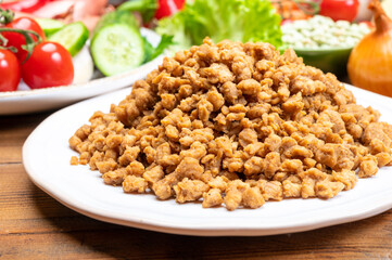 Vegetarian minced meat imitation made from grains, soybeans, vegetables and legumes