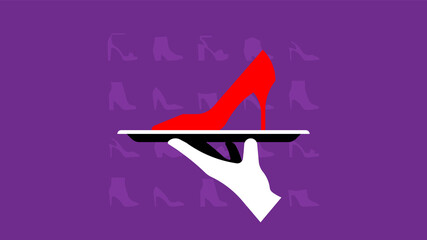 Fototapeta na wymiar Cinderella concept: women's high heels on a tray. Gift, purchase, delivery - waiter in white glove presents shoes. Red pumps. Vector illustration, metaphor, idea.