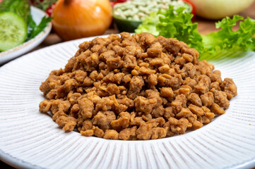 Vegetarian minced meat imitation made from grains, soybeans, vegetables and legumes