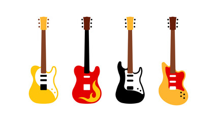 Set of different electric guitars. Simplified representation of stringed musical instruments. Group of icons in modern flat style.