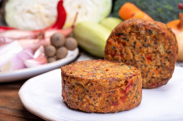 Round vegetarian patties or burgers made from grains, vegetables and legumes