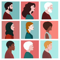A set of profile portraits of people of different races, ages, nationalities, skin color and hair. A collection of avatars for the social network. Vector flat illustration.