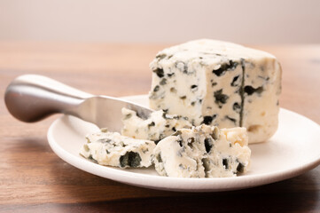 Cheese collection, piece of soft French blue cheese roquefort