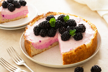 Cheesecake with blackberries. Home baking, fruit cheesecake for desert.