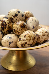Fresh small spotted partridge eggs on bronze plate