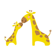 Cute baby and mother giraffe family illustration isolated on white background. Mom and child giraffe  cartoon character.