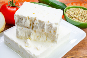 Cheese collection, white Greek salty feta cheese ready to eat