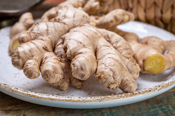 Fresh organic ginger roots, healthy food ingredient