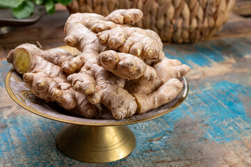 Fresh organic ginger roots, healthy food ingredient