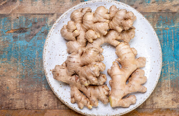 Fresh organic ginger roots, healthy food ingredient