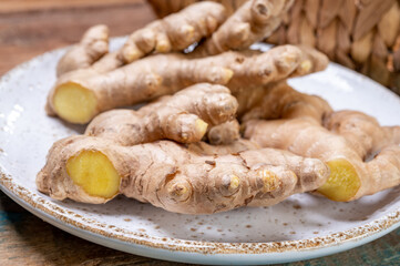 Fresh organic ginger roots, healthy food ingredient