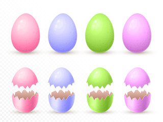 broken painted easter eggs in pastel colors. cracked, open and whole easter eggshell. 3d realistic illustration. Vector mock up of easter eggs isolated on transparent background. for holiday design.