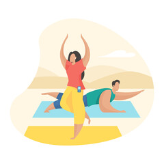 Obraz na płótnie Canvas Couple doing yoga exercises outdoor. Male and female cartoon characters doing fitness activities open air. Sport healthy lifestyle. Flat vector illustration