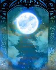 The full moon in monochrome sky background beyond mysterious gate	
