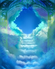 The shining heaven and background of beautiful blue sky and stairs beyond a transparent gate