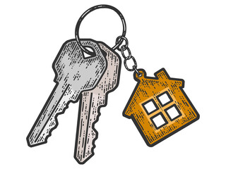 Bunch of keys with a keychain house. Sketch scratch board imitation color.