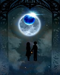Illustration of an abandoned brother and sister walking through the otherworld with a blue full moon beyond a mysterious gate.