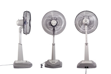 Fototapeta Three floor Electric fans, Adjustable height and low, Isolated on white background. Side, back, and front view. obraz