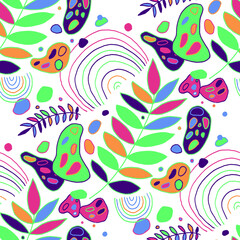 Seamless vector pattern with abstract doodles. Bright summer print. Trendy colorful background. Geometric doodles and leaves. 