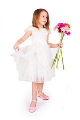 Cute little girl with flowers on white background
