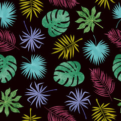Seamless colorful tropical watercolor leaves pattern. Vector jungle tropic background.