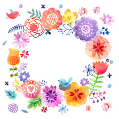 Fototapeta na wymiar Watercolor floral wreath with birds 