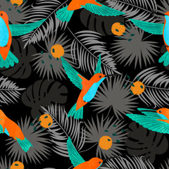 Seamless watercolor Hummingbirds and exotic tropical palm leaves pattern. Vector tropic illustration.