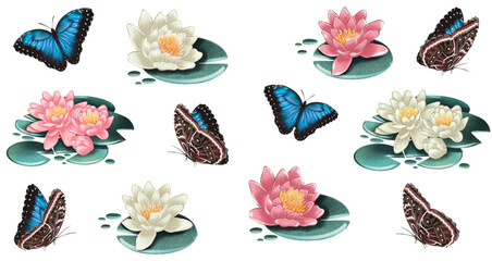 Blooming spring floral elements. Lotus flowers. Blue butterfly's.