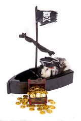 Cute guinea pig in a pirate hat with a treasure chest on the ship