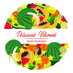 Vector illustration. Delicious Vitamins.Set of different fruits. Bright, beautiful banner with delicious fruits. Can be used as a postcard, sticker, sticker, etc.