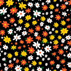 Vector colourful scattered multicoloured small fun daisy flowers repeat pattern. Suitable for textile, gift wrap and wallpaper.
