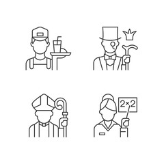 Social class type linear icons set. Working poor. Aristocratic elite. Society classification. Customizable thin line contour symbols. Isolated vector outline illustrations. Editable stroke