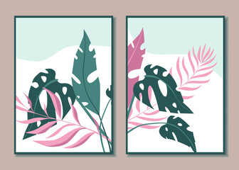 Set of posters with tropical plants. Modern Art. Vector illustration.