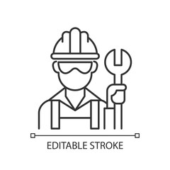 Blue collar worker linear icon. Repairman with wrench. Mechanic, construction work. Social class. Thin line customizable illustration. Contour symbol. Vector isolated outline drawing. Editable stroke