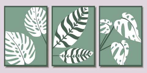Fototapeta na wymiar Collection of minimalistic posters with tropical leaves. Modern Art. Vector illustration.