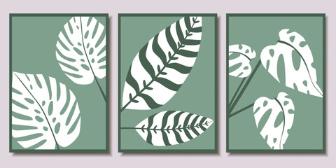 Collection of minimalistic posters with tropical leaves. Modern Art. Vector illustration.