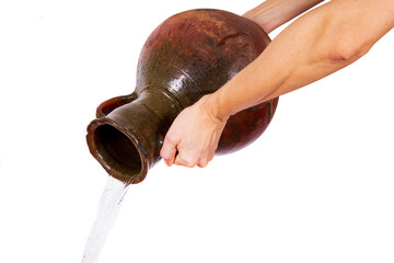 A tilted vessel from which water flows on a white background