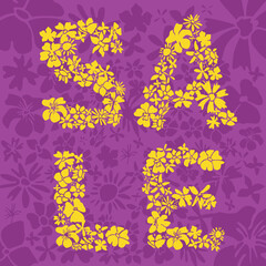 Spring Sale Flowers Banner. Vector word Sale. Letters made of flowers on a flowers background. Spring Summer Sale floral vector illustration with lettering text for banners, flyers, wrapping paper. 