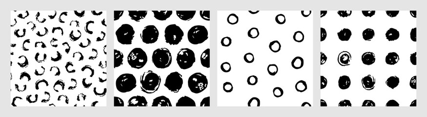 Collage of polka dots seamless vector patterns in black and white. Monochrome set of hand drawn ink dots. Trendy background for prints, cover, wrapping paper and textile. Doodle illustration