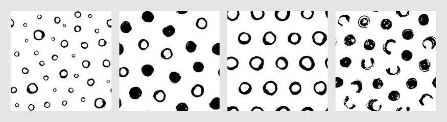 Collage of polka dots seamless vector patterns in black and white. Monochrome set of hand drawn ink dots. Trendy background for prints, cover, wrapping paper and textile. Doodle illustration