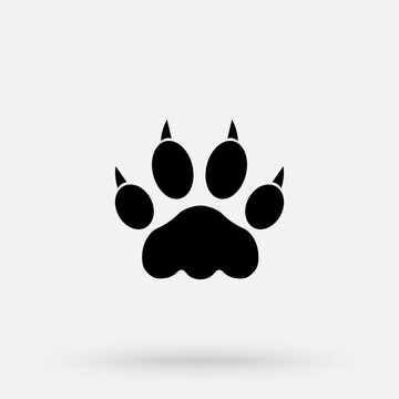 Vector illustration. Lion paw prints logo. Black on White background. Animal paw print with claws.
