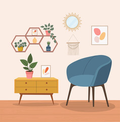 Comfortable chair, sleeping cat and house plants. Vector flat illustration