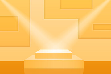 Podium of two rectangular forms for advertising presentation or museum exhibition. Scene for lot at auction. Pedestal for awarding. Yellow abstract background in carved paper style. 3d realism.