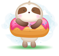 Cute doodle sloth beside a donut cartoon character Premium Vector © dpalabistudio