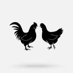 Rooster and Chicken vintage logo, butcher meat shop poster, chicken silhouette. Isolated black silhouette chicken, white background. Illustration.