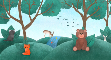 Illustration of children's wallpaper with forest animals: bear, deer, fox, wolf, hare. Watercolour grunge fairy forest © Kler