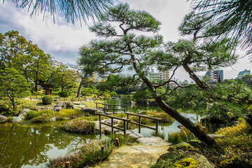Idyllic landscape with stone path through pond - zen-like japanese garden Kiosumi Teien . Sakura time in  Tokyo.
