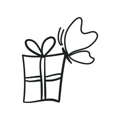 Hand drawn icon gift with bows in cartoon style and butterfly. Doodle gift box icon set with different bows. Gift wrap. Gift package. Doodle box icon isolated on white background.