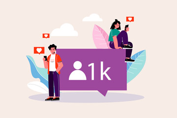 Young people are looking for likes on social networks. Flat vector illustration.